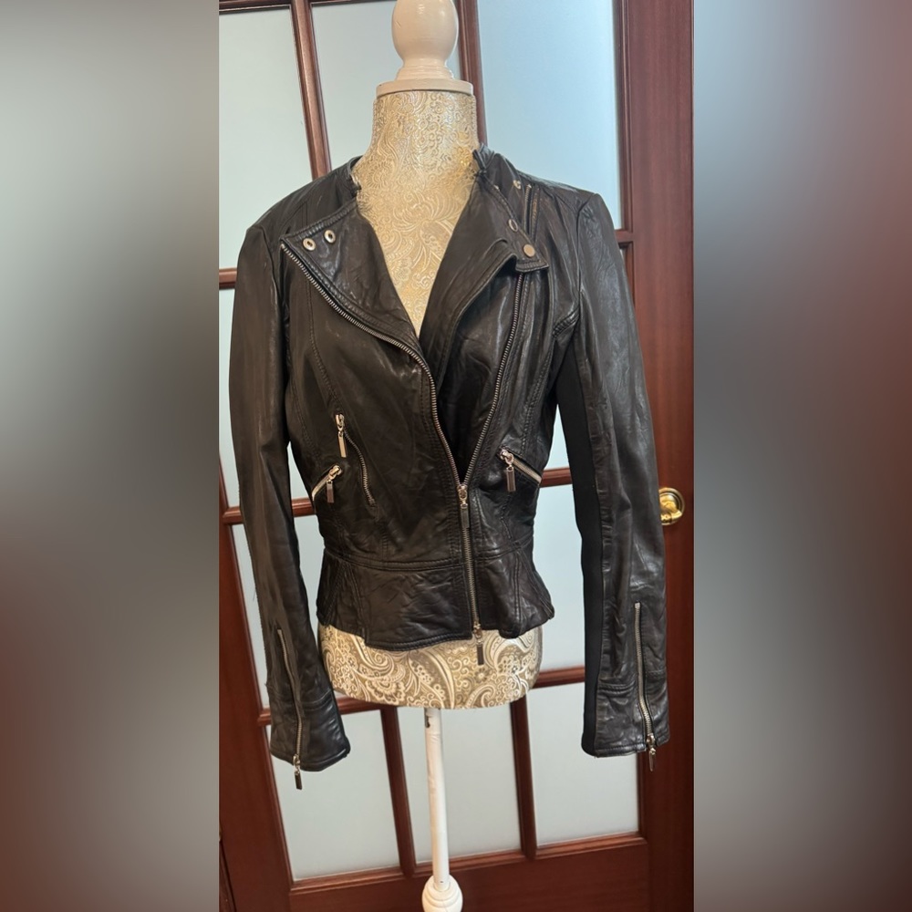 Cache Black Leather Motorcycle  Jacket Size 0